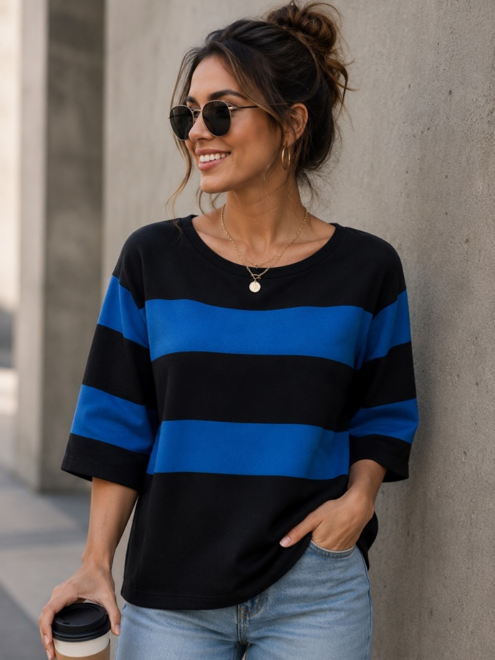 Ann Taylor Blue Black Preppy Business Casual 3/4 Sleeve Striped Sweater Size XL
